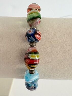 Millefiori Glass Bead Stretch Bracelet Multicolor Floral Art Glass